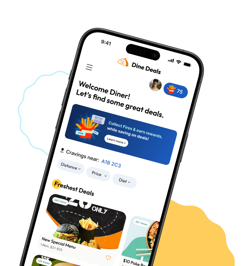 Mobile app showing Dine Deals interface